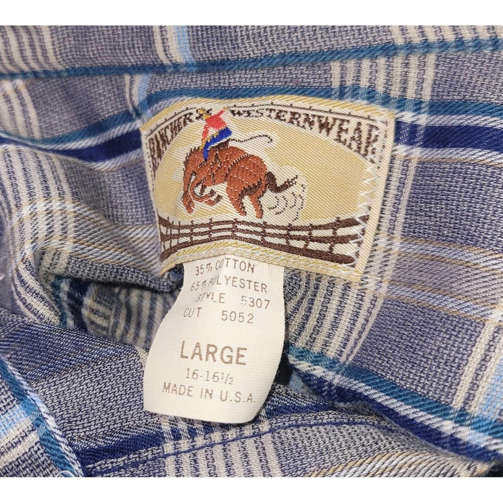 Vintage 70s Rancher Western Wear Mens Button Up Blue Plaid Pearl Snap Size L USA - Picture 7 of 13